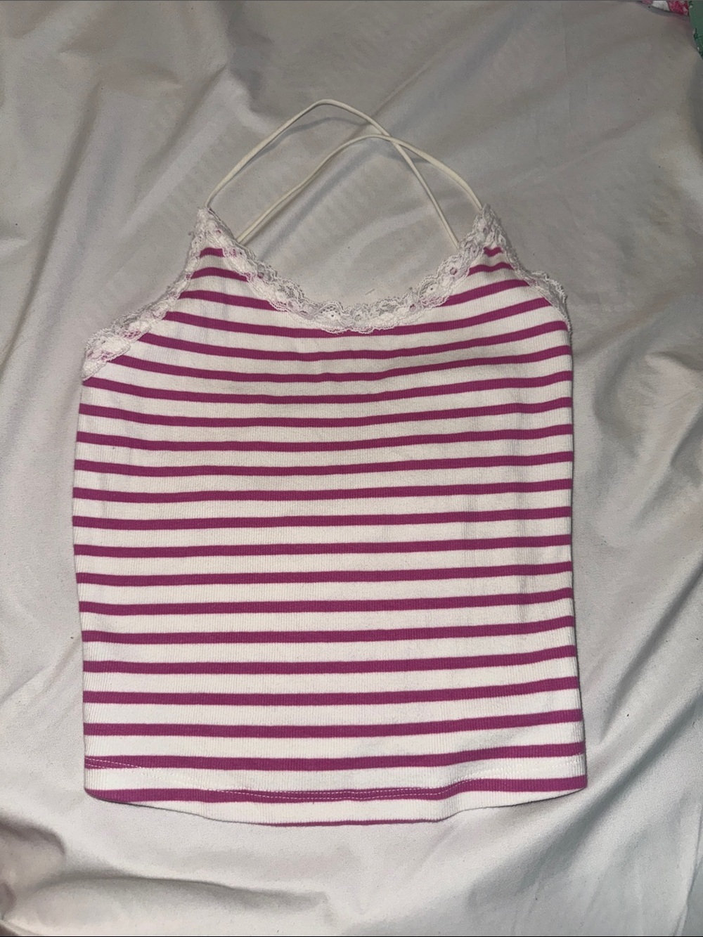 American Eagle Outfitters Pink and White Striped Lace-Trim Cami